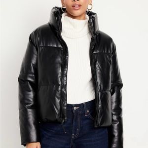 Mock-Neck Faux-Leather Puffer